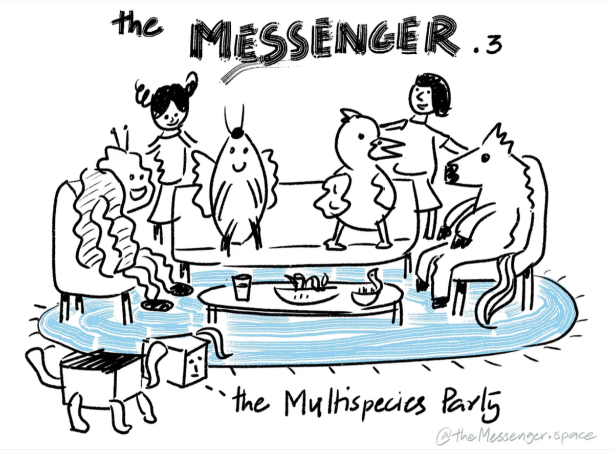 Sketch of a girl, spider, bat, duck, another person and a wolf sitting around a coffee table on a shared rug, captioned 'the Messenger .3 — the Multispecies Party'