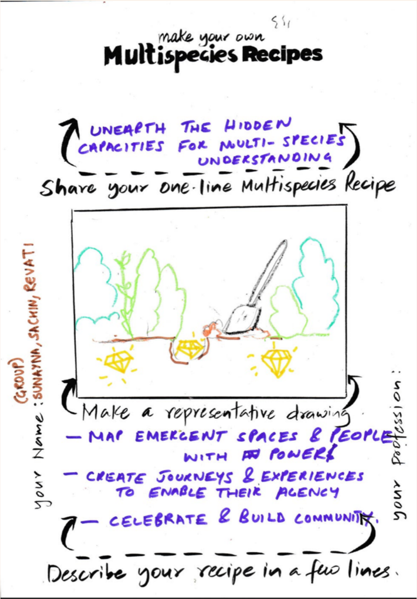 Sketch worksheet titled 'Make your own Multispecies Recipes' with steps to unearth hidden capacities for multispecies understanding